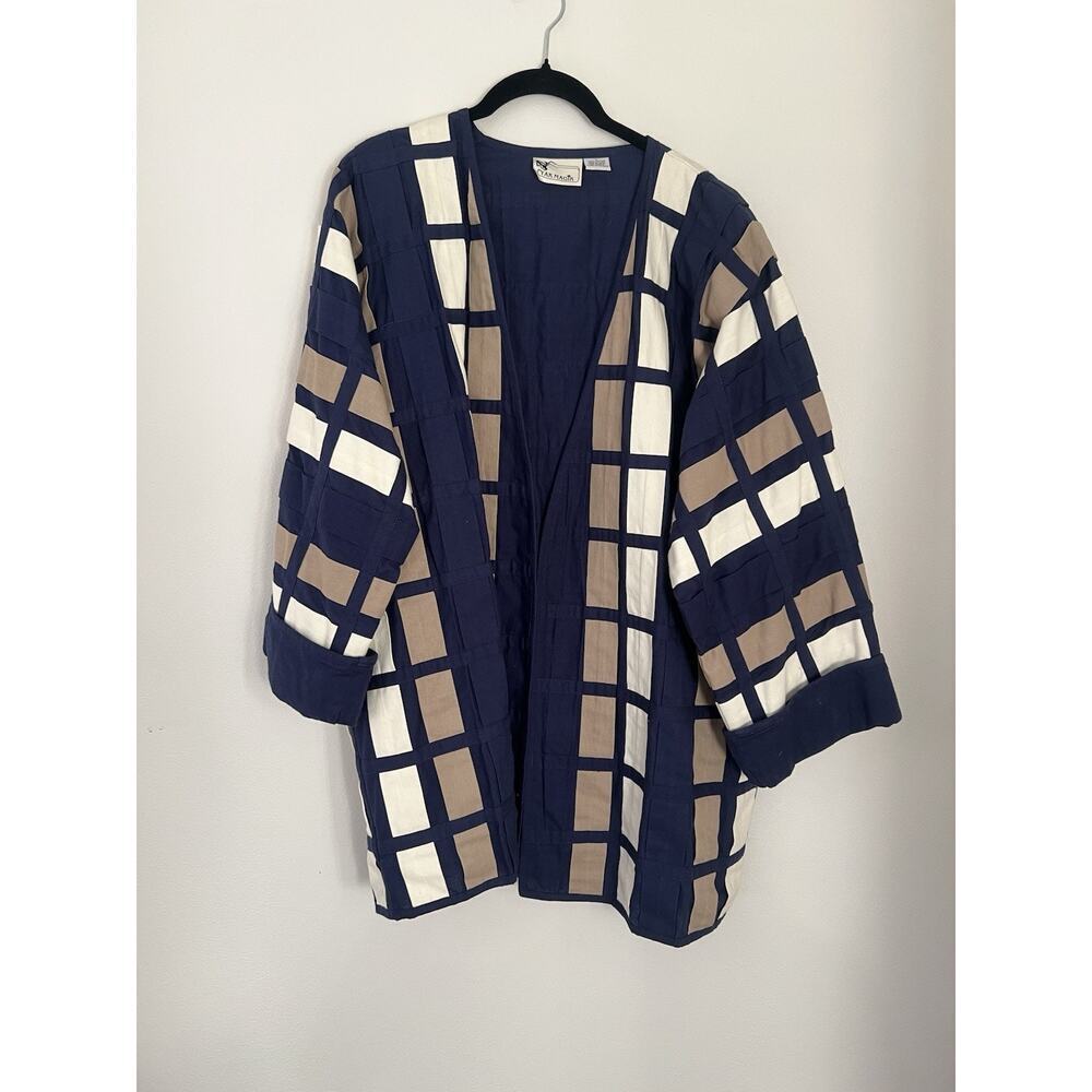 Yak Magic Woven Windowpane Origami open front Cardigan Jacket Lagenlook Size L